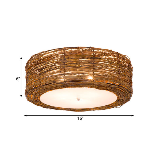 Modern 3-Light Rattan Flush Mount Ceiling Lamp - Hand-Woven Round Shade In Brown 16/19.5 Width Light