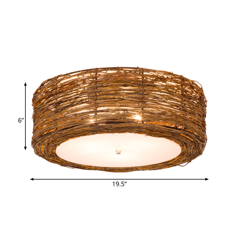 Modern 3-Light Rattan Flush Mount Ceiling Lamp - Hand-Woven Round Shade in Brown, 16"/19.5" Width