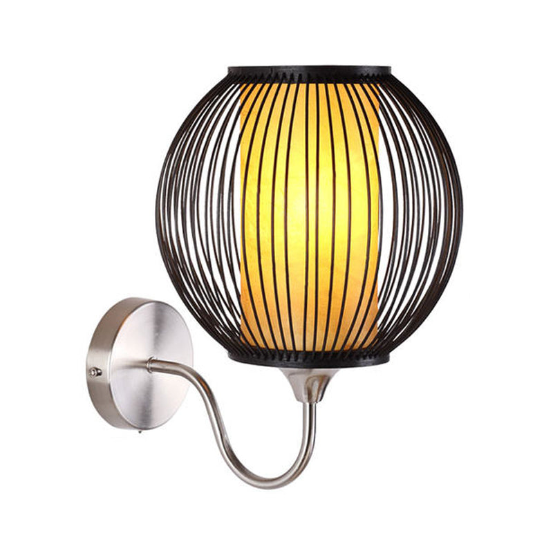 Black Asian Style Bamboo Wall Lamp With Gooseneck Arm - 1-Light Sconce Lighting For Bedside