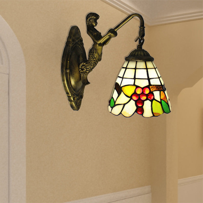 Mermaid Wall Sconce With Fruit Pattern Stained Glass- 1-Light Mini Mount Beige