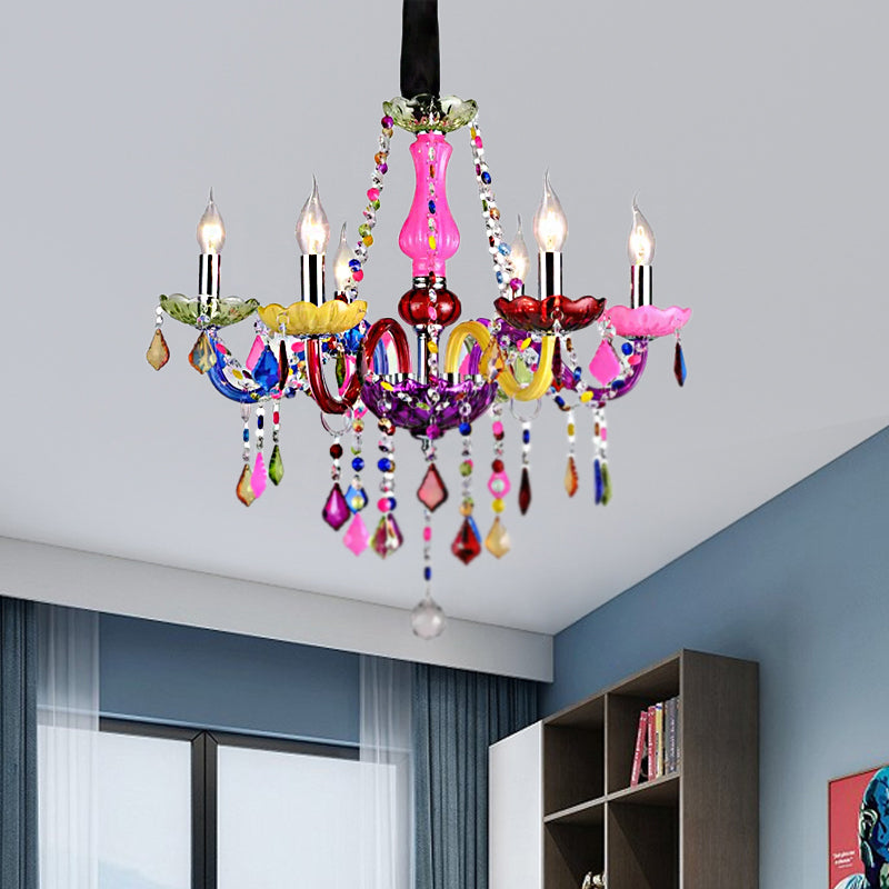 Kids 6-Light Glass Chandelier: Multi-Colored With Crystal Beads - Ideal For Kindergarten Pink /