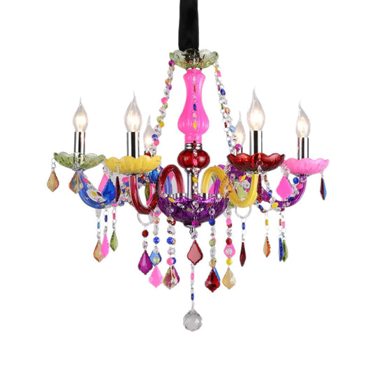 Kids 6-Light Glass Chandelier: Multi-Colored With Crystal Beads - Ideal For Kindergarten