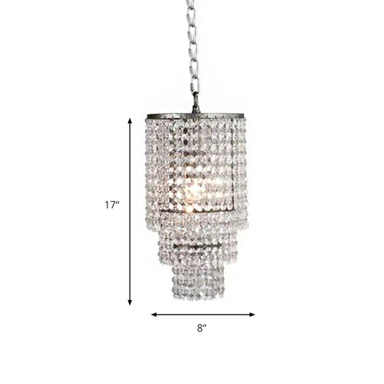 Luxurious Cylinder Pendant Light With Clear Crystal Beads - Ideal For Adult Bedroom Lighting