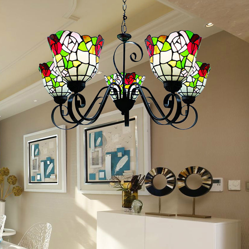 Country Stained Glass 5-Light Flower Chandelier In Black Finish - Perfect For Restaurants