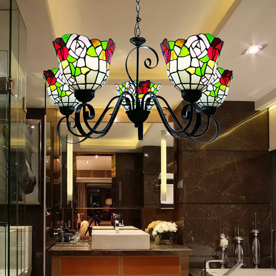 Country Stained Glass 5-Light Flower Chandelier In Black Finish - Perfect For Restaurants