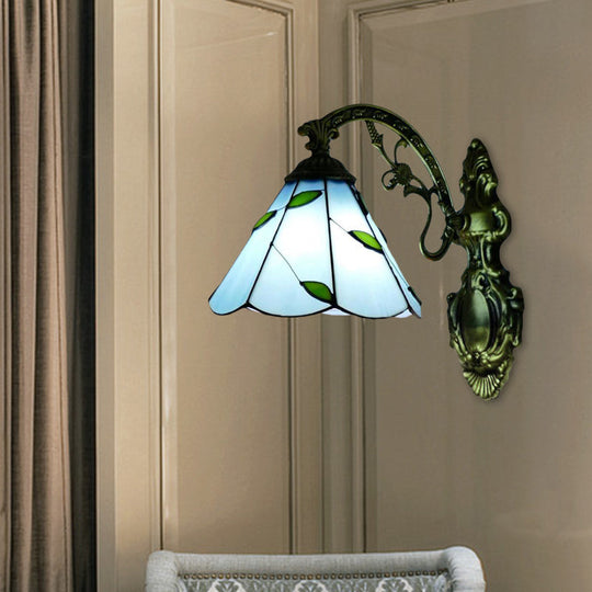 Retro Cone-Shaped Wall Sconce With Stained Glass And 1 Light For Stairway Blue