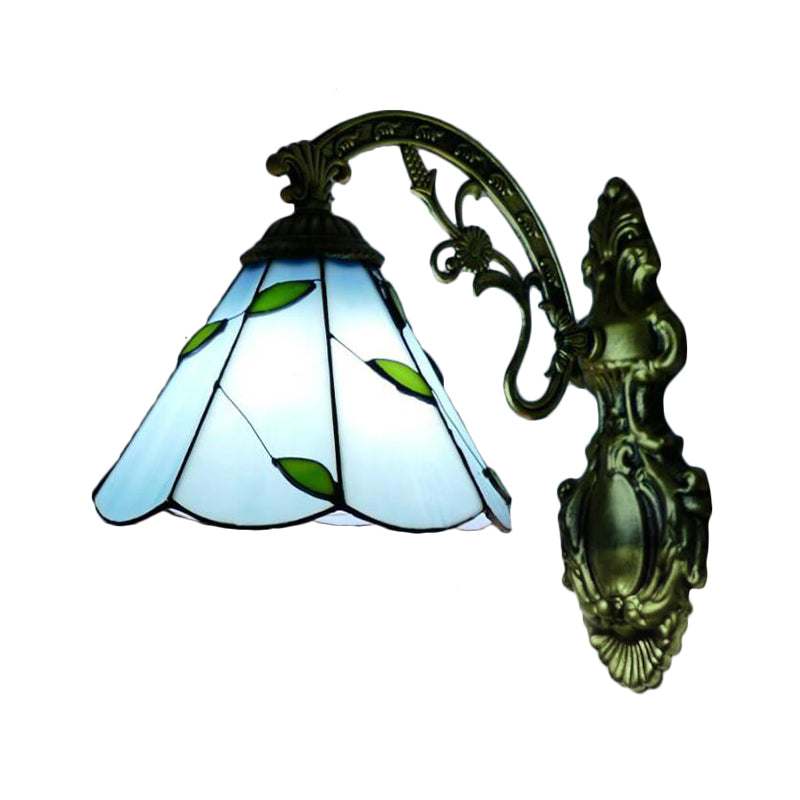 Retro Cone-Shaped Wall Sconce With Stained Glass And 1 Light For Stairway