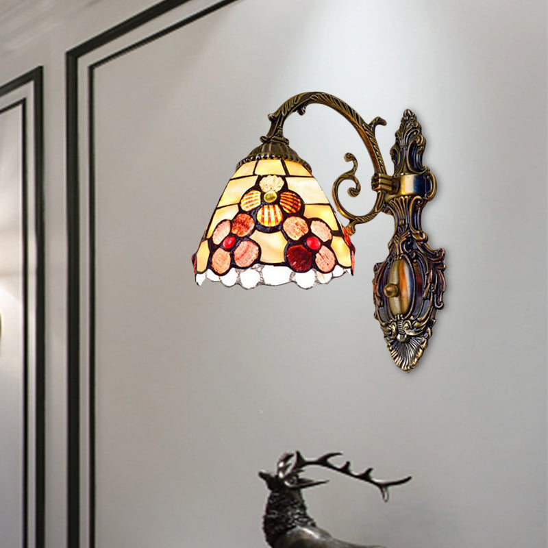 Stained Glass 1-Light Wall Sconce In Antique Brass With Bowl Shape And Flower Pattern / 6