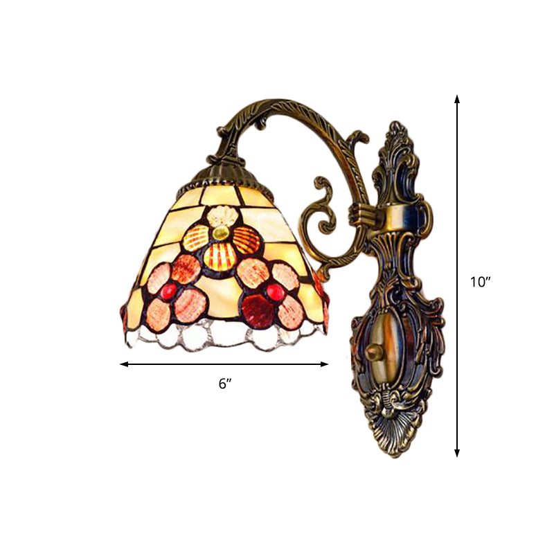 Stained Glass 1-Light Wall Sconce In Antique Brass With Bowl Shape And Flower Pattern