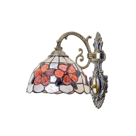 Stained Glass 1-Light Wall Sconce In Antique Brass With Bowl Shape And Flower Pattern