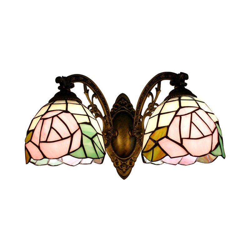 Tiffany Style Rose Pattern Wall Sconce - Stained Glass 2-Light Fixture In Bronze Finish
