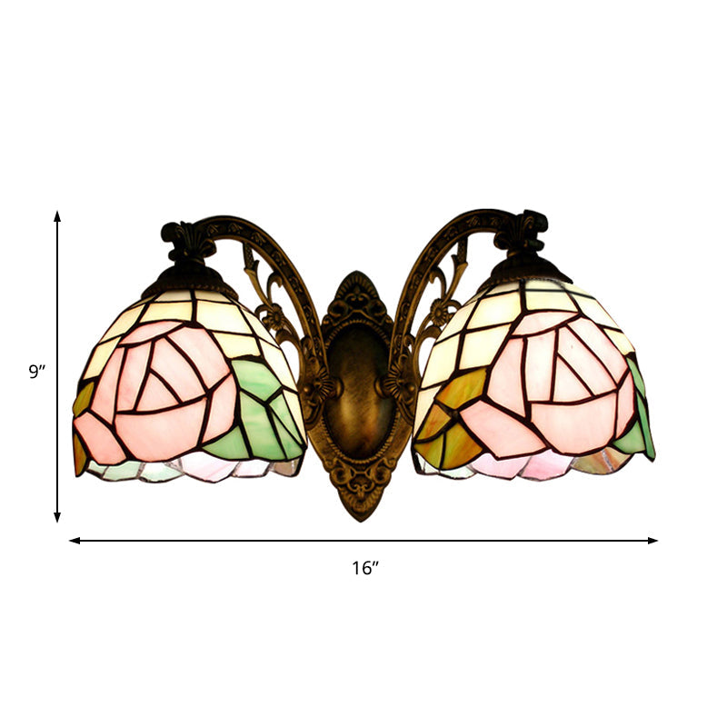 Tiffany Style Rose Pattern Wall Sconce - Stained Glass 2-Light Fixture In Bronze Finish