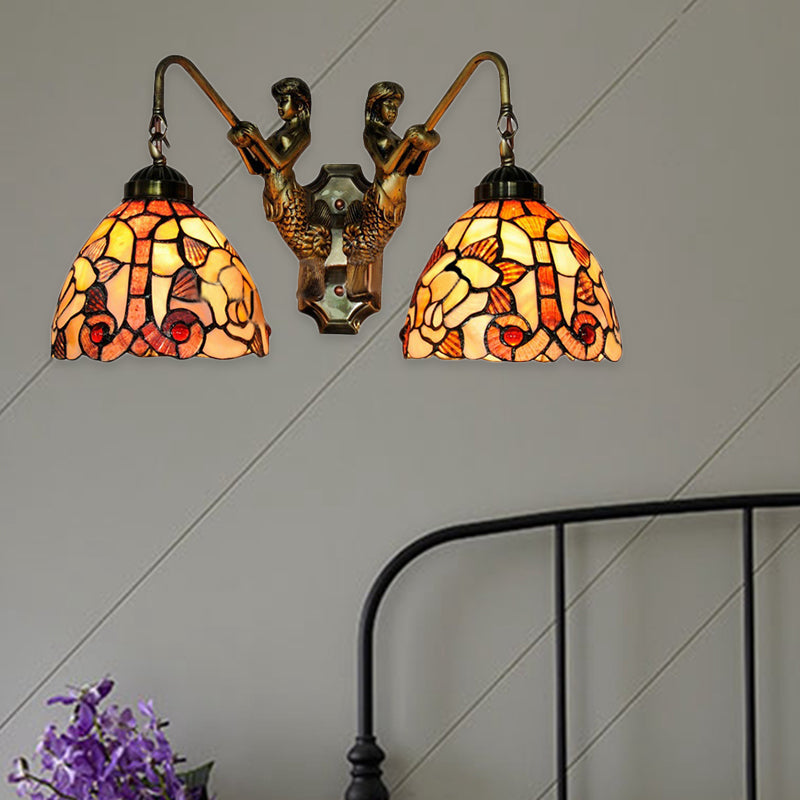 Baroque 2-Head Orange Shell Bowl Wall Light With Mermaid Backplate For Bedroom