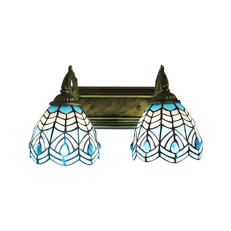 Tiffany Style Stained Glass Wall Lighting - Elegant Blue Dome Fixture With 2 Heads