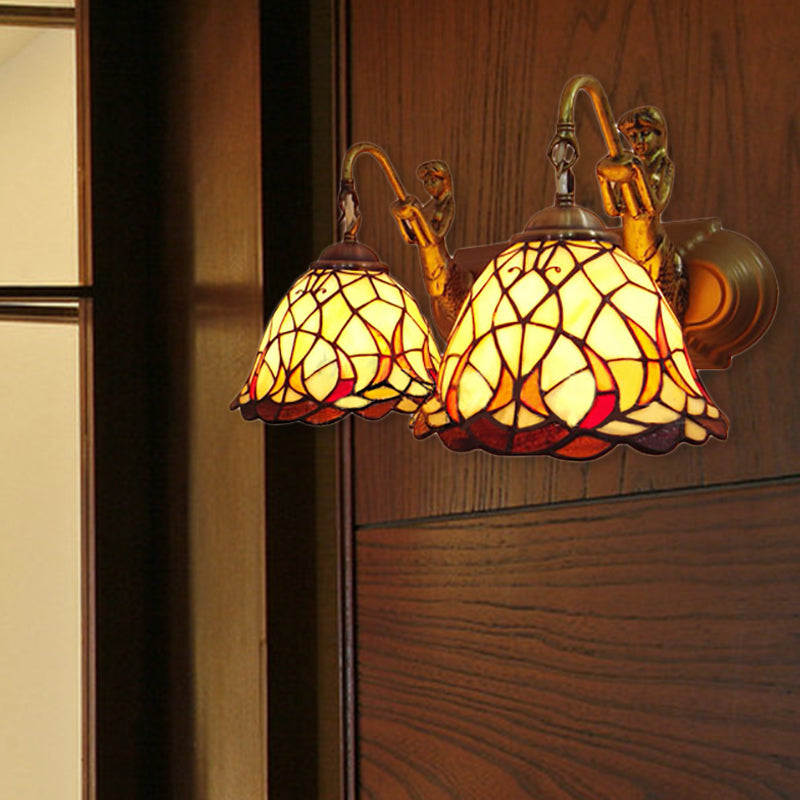 Tiffany Beige Glass Wall Mount Light With Mermaid Backplate - 2-Head Dome Sconce Lighting