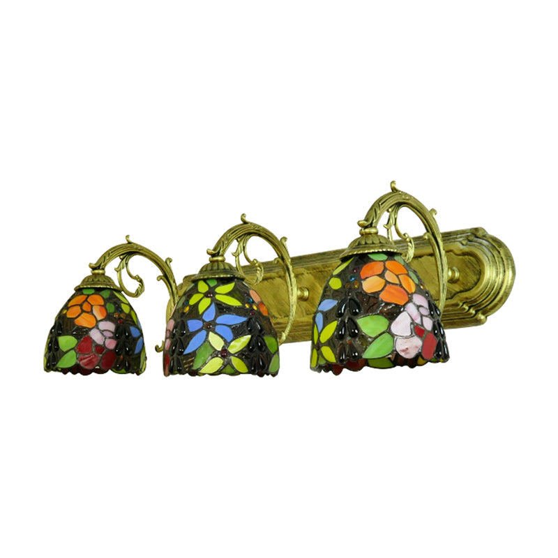 Rustic Dome Wall Sconce Stained Glass Lighting With Colorful Flower Pattern - 3 Lights