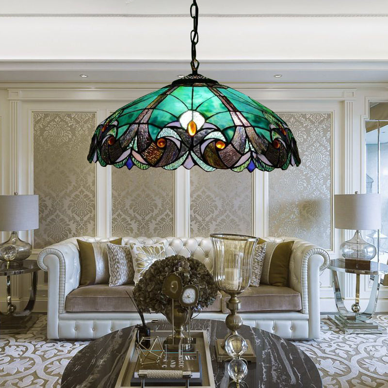 Tiffany Pendant Stained Glass Hanging Light - 18 Wide Adjustable Chains Ideal For Living Room Blue