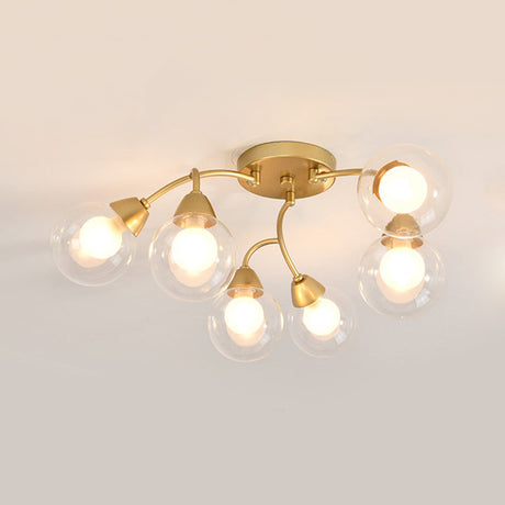 Modern Gold Led Semi Flush Ceiling Light With Clear Glass Sphere Shades - 6/12-Light Bedroom