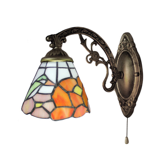 Antique Brass Stained Glass Tiffany Rustic Wall Sconce With Floral Design - Dining Room Décor