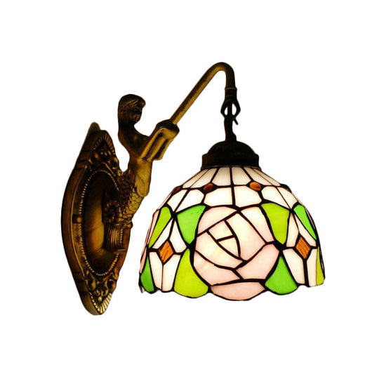 Tiffany Wall Mount Sconce Light With Stained Glass Shade And Mermaid Backplate - Pink/Green-Pink
