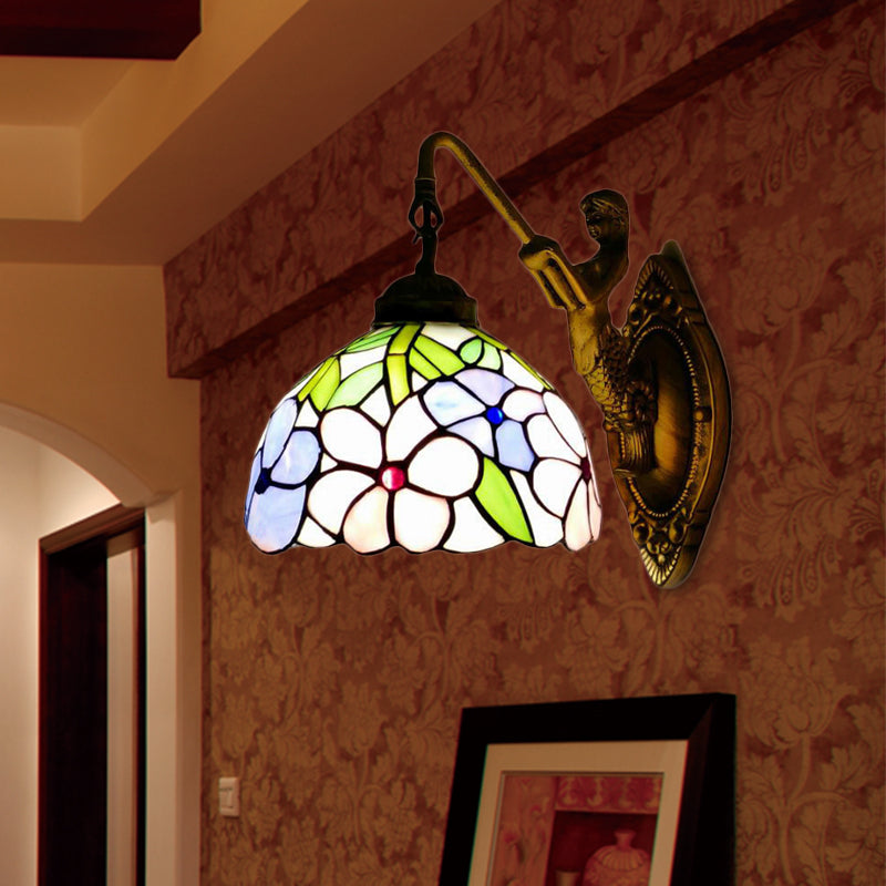 Tiffany Wall Mount Sconce Light With Stained Glass Shade And Mermaid Backplate - Pink/Green-Pink
