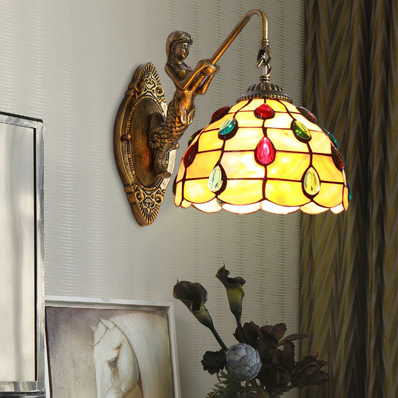 Tiffany Beige Glass Beaded Sconce Light Fixture - Mermaid Backplate Brass Wall Mount 1 Head
