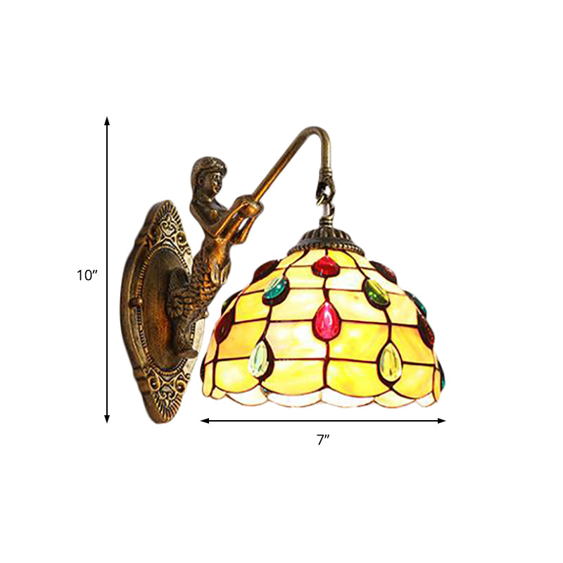 Tiffany Beige Glass Beaded Sconce Light Fixture - Mermaid Backplate Brass Wall Mount 1 Head
