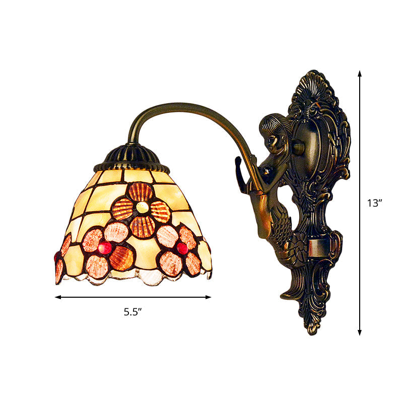 Tiffany Beige Glass Floral Sconce Wall Mount Light Fixture For Bedroom