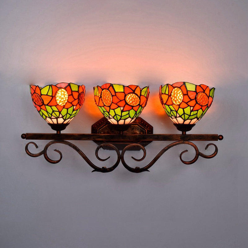 Baroque Orange Stained Glass Sconce Light With Sunflower Pattern - 3-Head Bowl Wall Fixture
