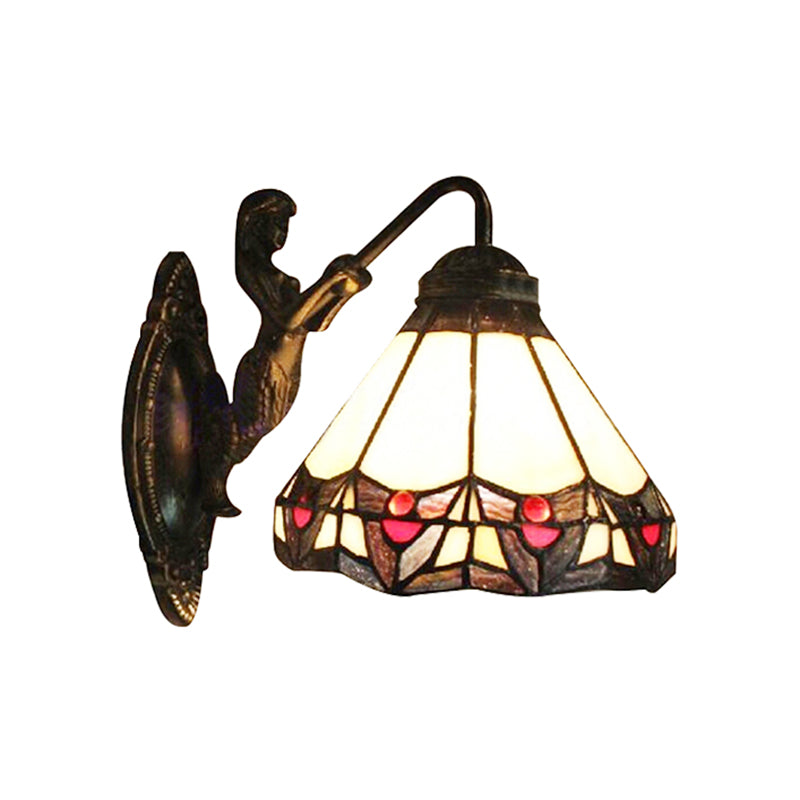 Beige Glass Cone Wall Light Tiffany Antique Bronze Sconce For Hallway