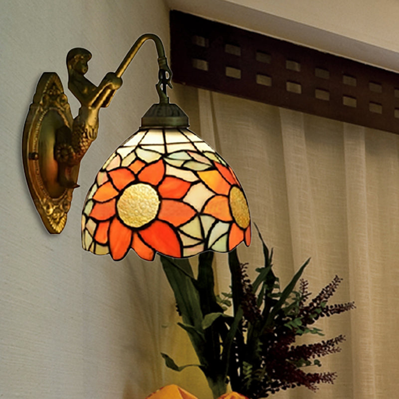 1-Head Tiffany Orange Hallway Wall Sconce Light With Sunflower Stained Glass Shade - Mounted