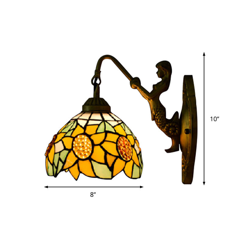 Tiffany Sunflower Yellow Glass Sconce Light - 1 Head Bronze Wall Mounted Decoration With Mermaid