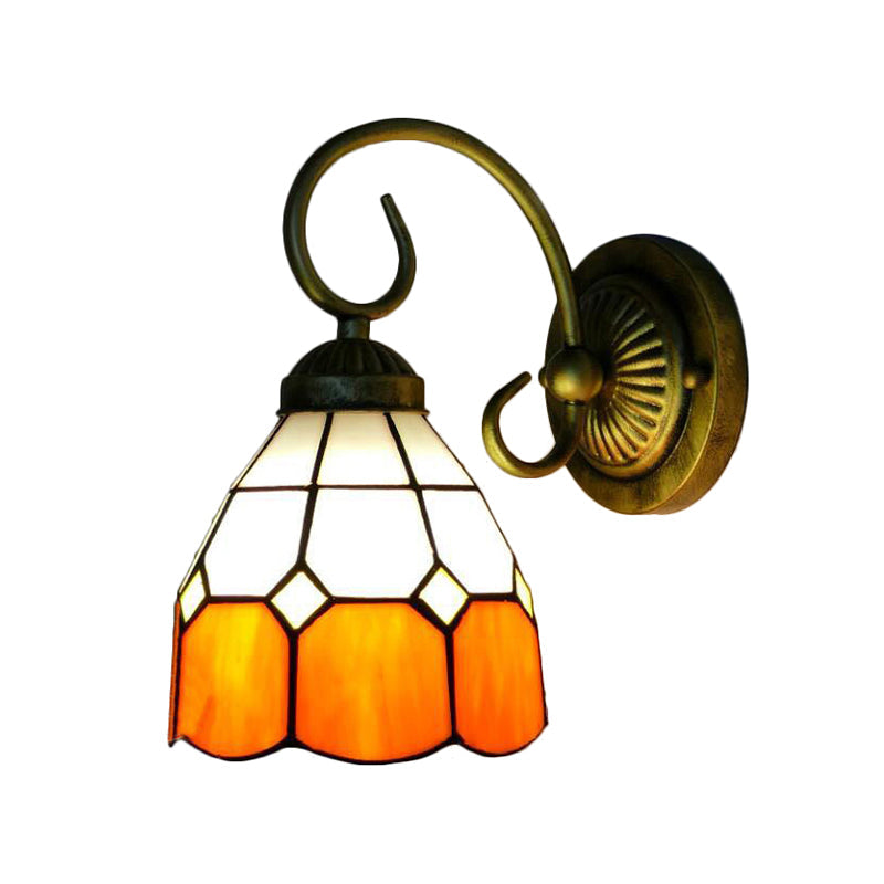 Tiffany Glass Sconce Light With Curved Arm For Corridor - Head Bowl Wall Fixture In Orange/Blue/Pink