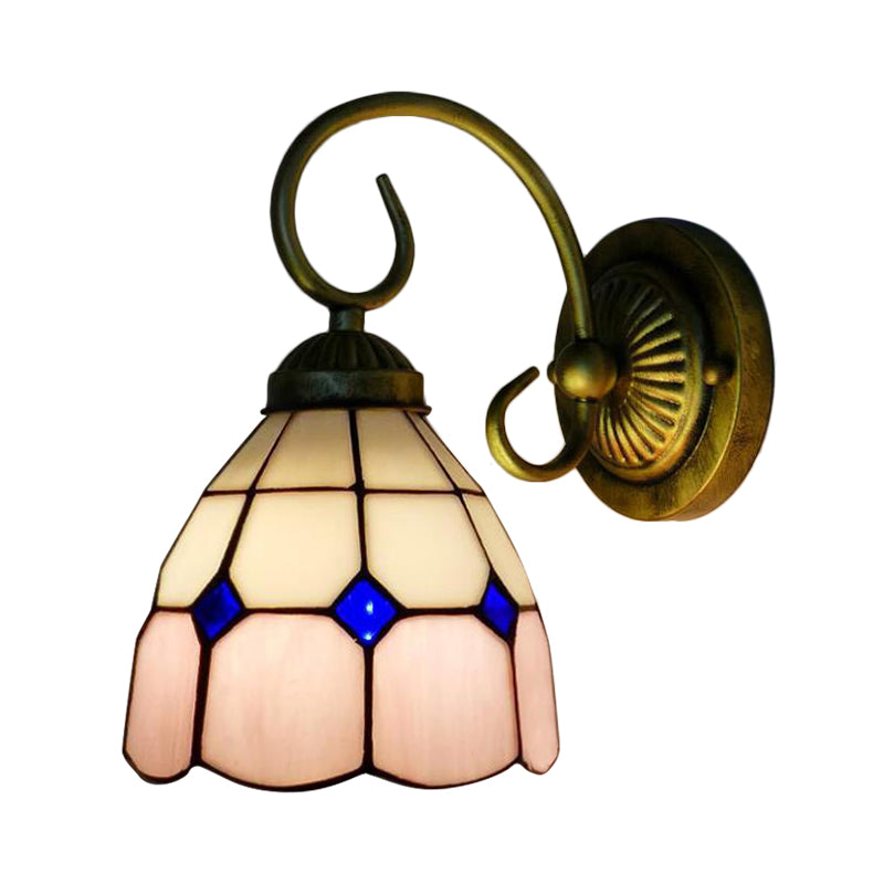 Tiffany Glass Sconce Light With Curved Arm For Corridor - Head Bowl Wall Fixture In Orange/Blue/Pink