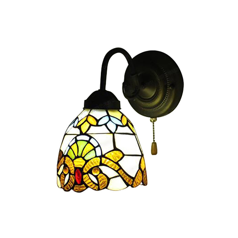 Victorian Stained Glass Yellow Dome Wall Sconce With Pull Chain - Perfect For Hallways