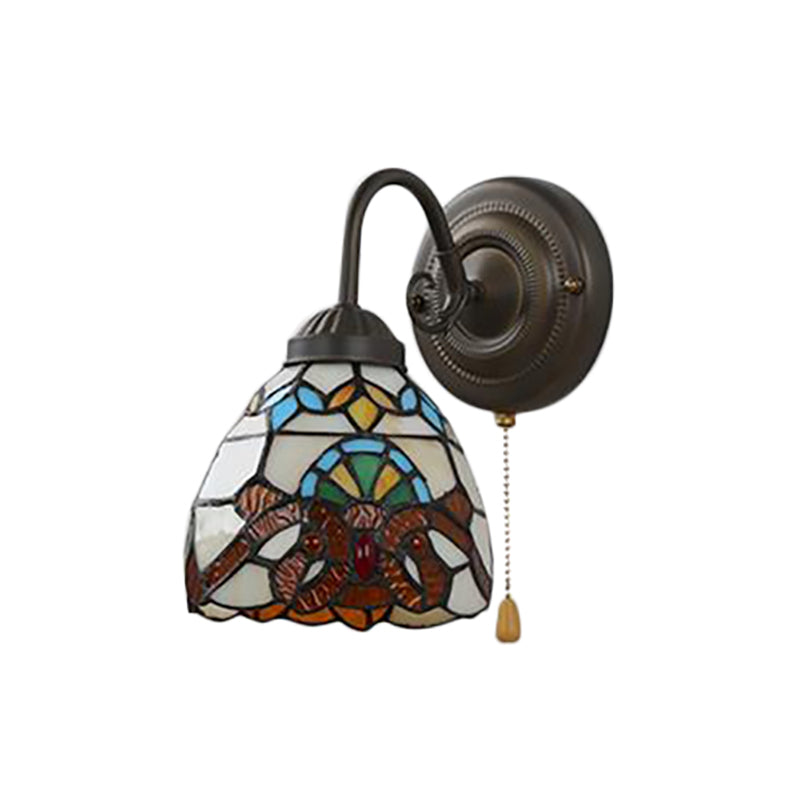 Victorian Stained Glass Yellow Dome Wall Sconce With Pull Chain - Perfect For Hallways