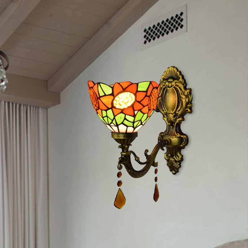 Country Orange Sunflower Wall Light With Glass Shade For Hallway