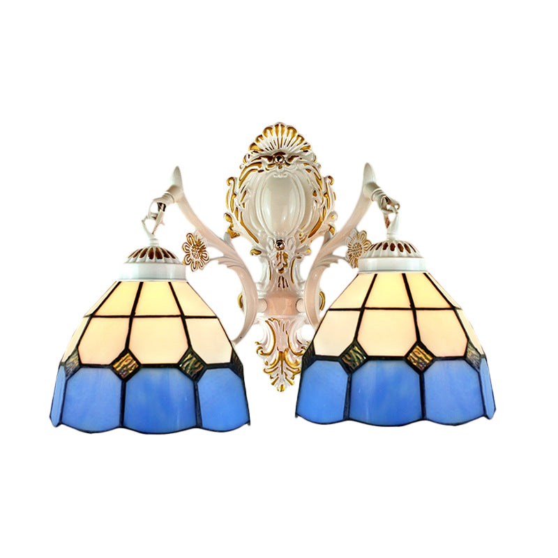 Blue Stained Glass Wall Light With Dome Shade For Corridor - Lodge-Inspired Lighting
