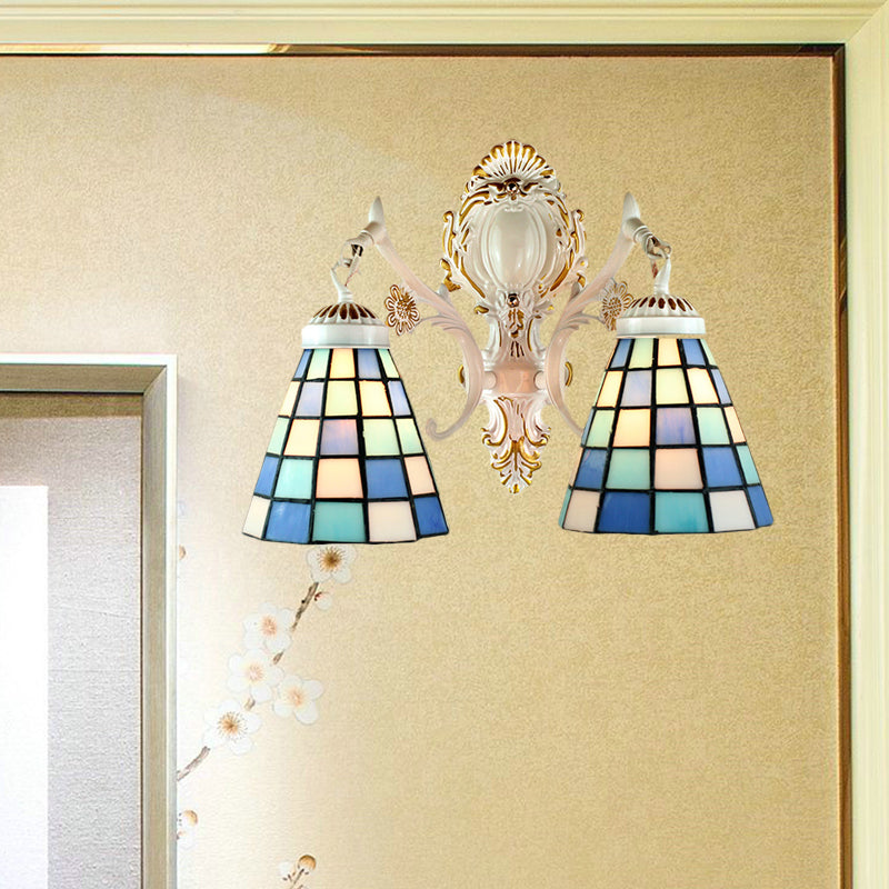 Tiffany Style Stained Glass Wall Sconce: 2-Light Cone With White Grid Pattern Finish