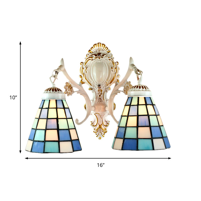 Tiffany Style Stained Glass Wall Sconce: 2-Light Cone With White Grid Pattern Finish