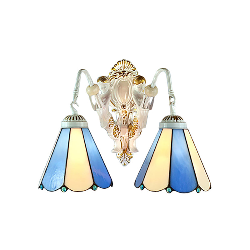 Mediterranean Wall Sconce With Blue-Beige Glass - Two Headed White Conical Design