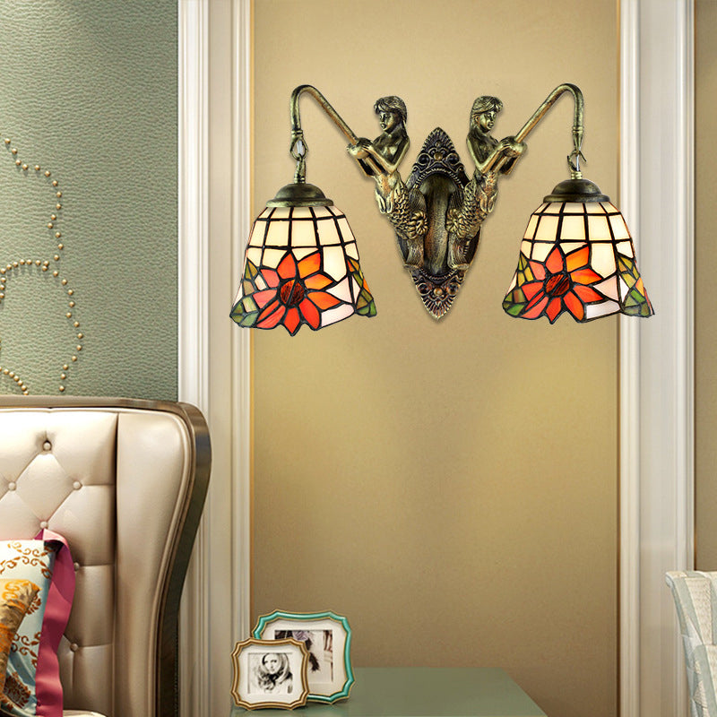 Antique Bronze Bell Wall Mounted Tiffany Sconce Light With 2 Frosted Glass Mermaid Heads - Ideal For