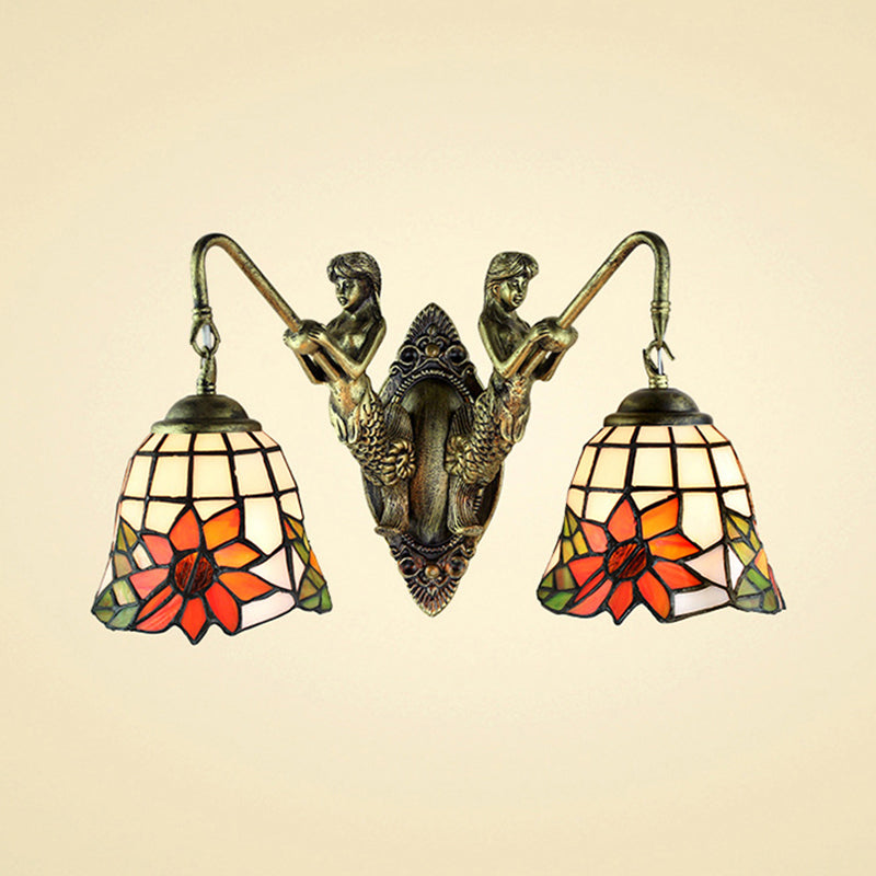 Antique Bronze Bell Wall Mounted Tiffany Sconce Light With 2 Frosted Glass Mermaid Heads - Ideal For