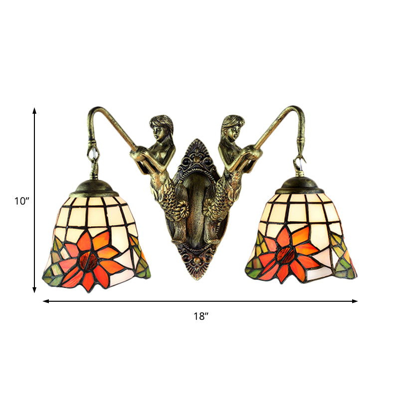 Antique Bronze Bell Wall Mounted Tiffany Sconce Light With 2 Frosted Glass Mermaid Heads - Ideal For