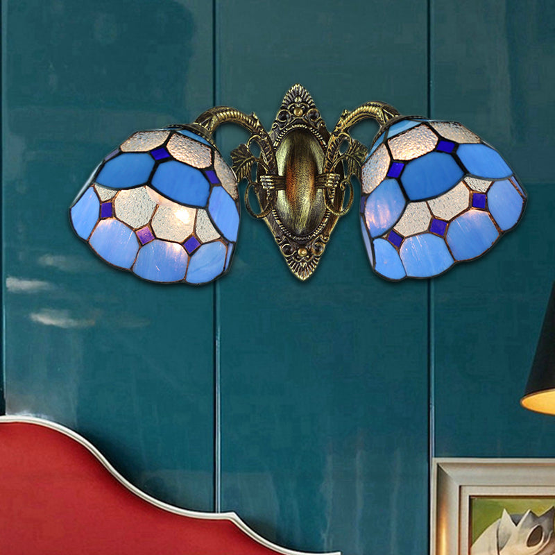 Vintage Industrial Stained Glass Wall Sconce - 2-Head Dome Shade Fixture In Blue