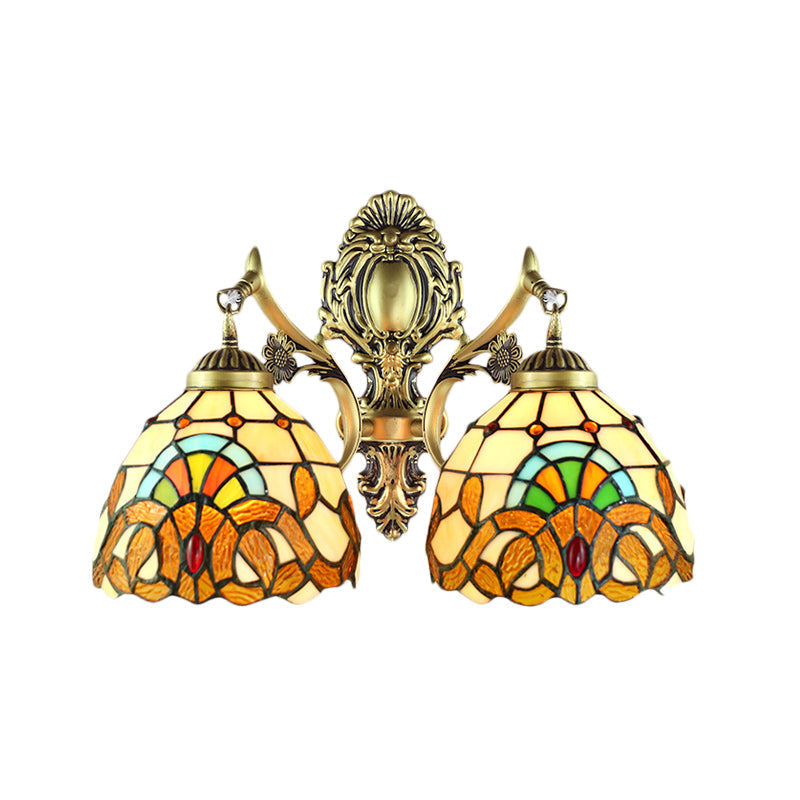 Victorian Stained Glass Wall Lamp With Multicolored Domed Shades - 2 Headed Fixture For Dining Room