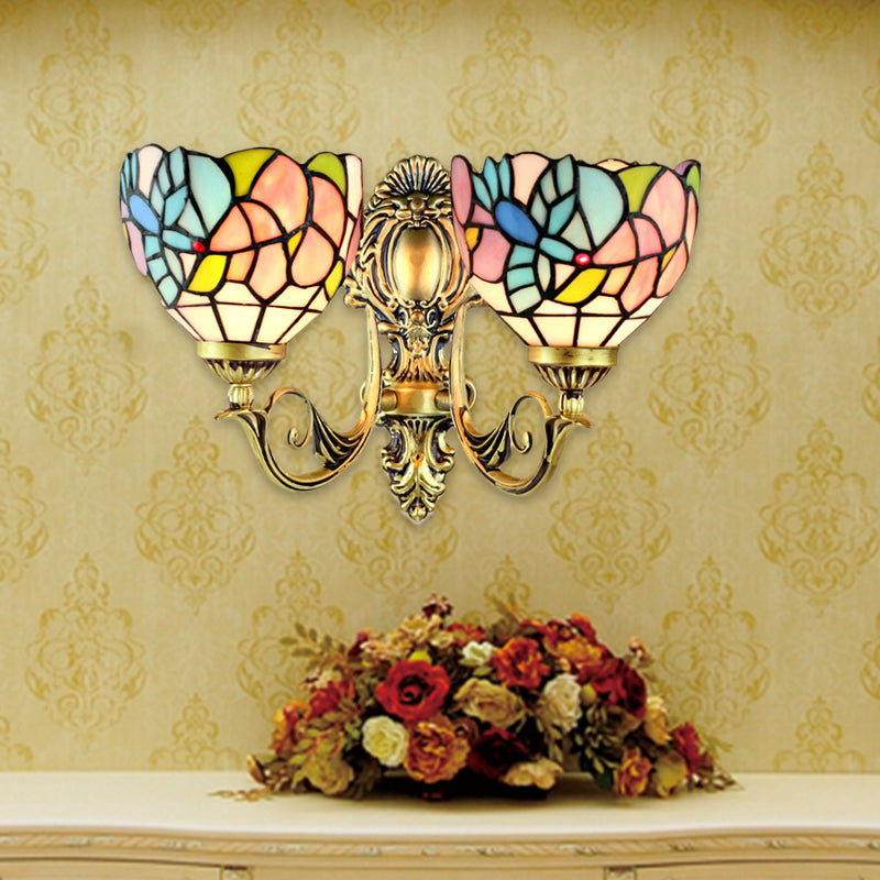 Rustic Stained Glass Wall Lamp With Art Pattern - 2 Head Fixture For Dining Room Blue-Pink