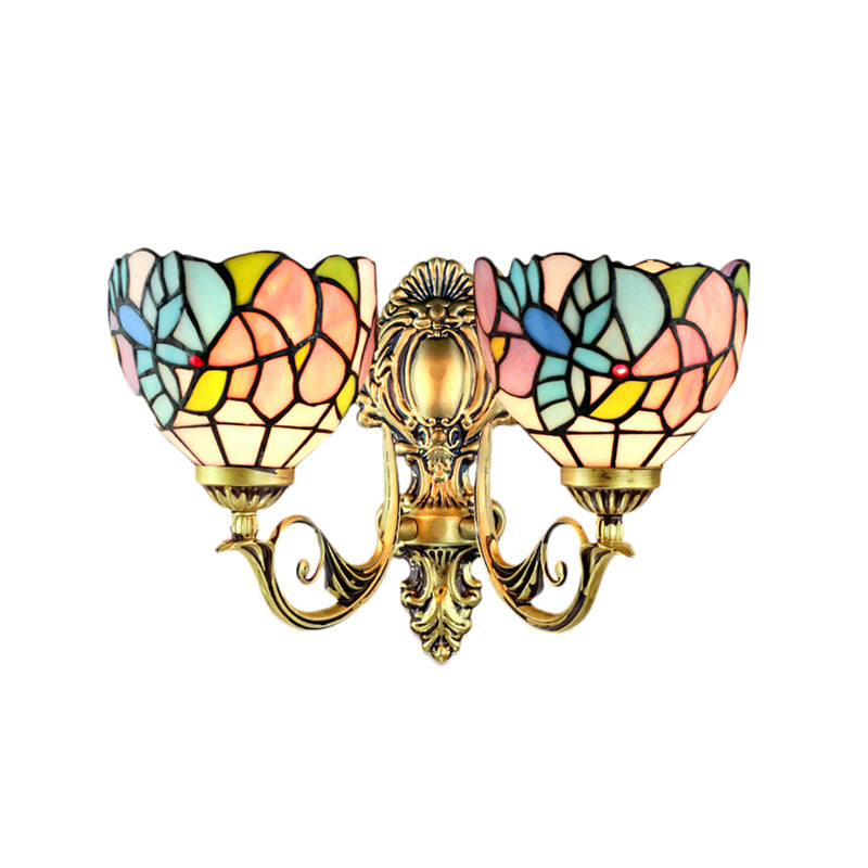 Rustic Stained Glass Wall Lamp With Art Pattern - 2 Head Fixture For Dining Room