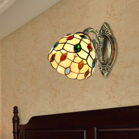 Retro Style Stained Glass Wall Sconce With Jewel Pattern In Yellow - 1 Light Dome Shade