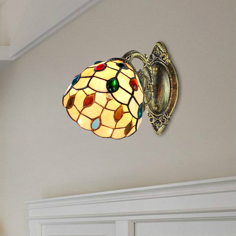 Retro Style Stained Glass Wall Sconce With Jewel Pattern In Yellow - 1 Light Dome Shade